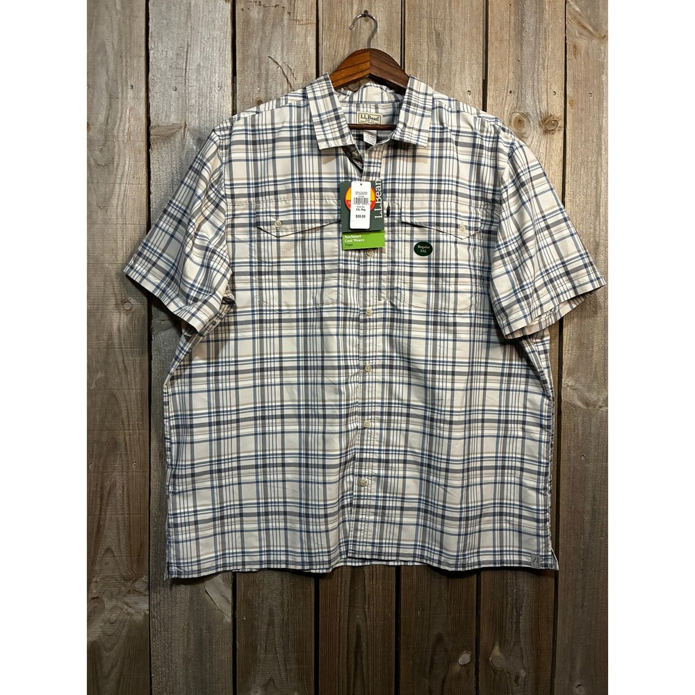 LL Bean SunSmart Cool Weave Shirt Mens XXL Blue Plaid Short Sleeve 513149 NEW